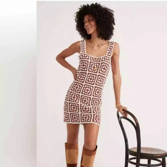 NEW🌅MARINE LAYER Archive CELESTE CROCHET DRESS Brown/White - Picture 3 of 10